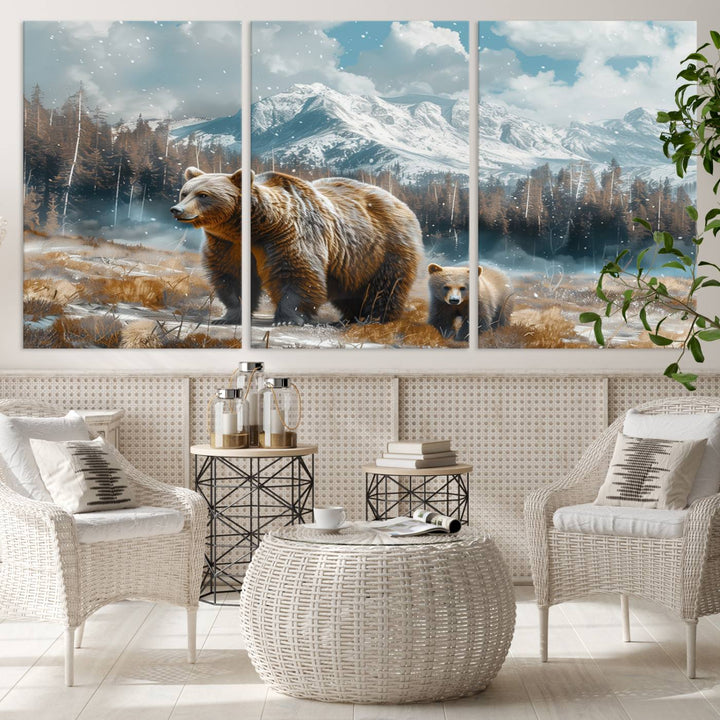 The modern living room features a Bear and Baby Bear Wall Art Canvas Print depicting a snowy mountain landscape, making it a stunning visual piece and a meaningful gift idea.