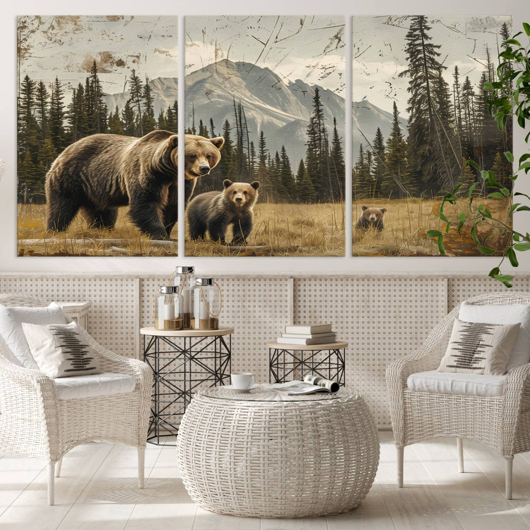 Rustic Grizzly 399: Bear Family Wall Art Canvas Print.