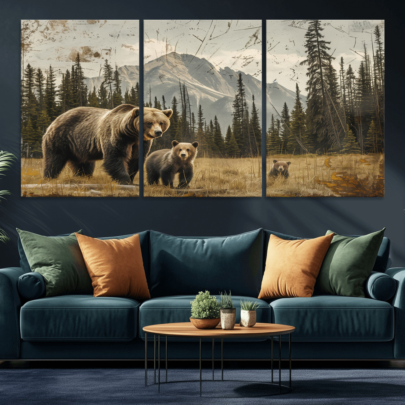 MGV-CV-60X30-3P - Rustic Grizzly 399 Bear Family Wall Art Canvas Print