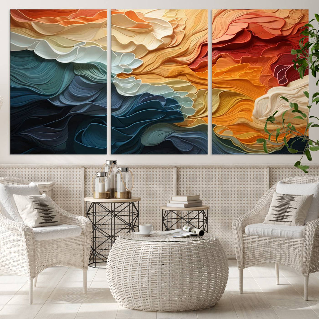 A Blue Orange Abstract Wave Wall Art Canvas Print adorns the wall. This colorful masterpiece is professionally hand-assembled to enhance any space.