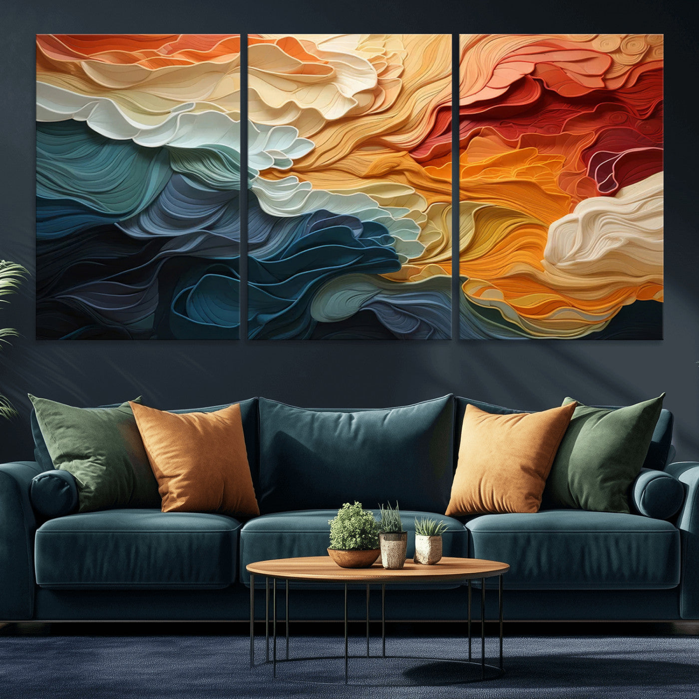 MGV-CV-60X30-3P - Blue Orange Abstract Wave Wall Art Canvas Print, Framed Blue Orange Wave Wall Art