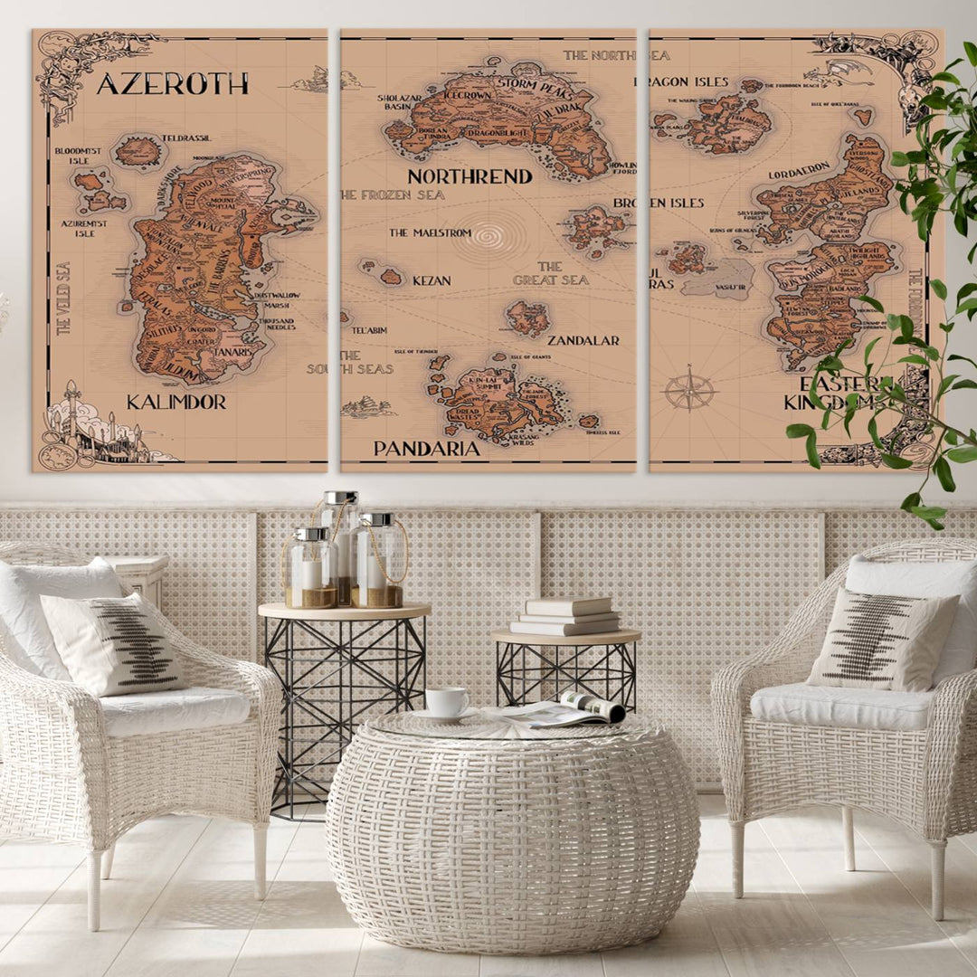 The Vintage Azeroth World Map Canvas Print, a stunning three-piece set, enhances the space with its vintage charm, perfectly complementing your gaming decor.