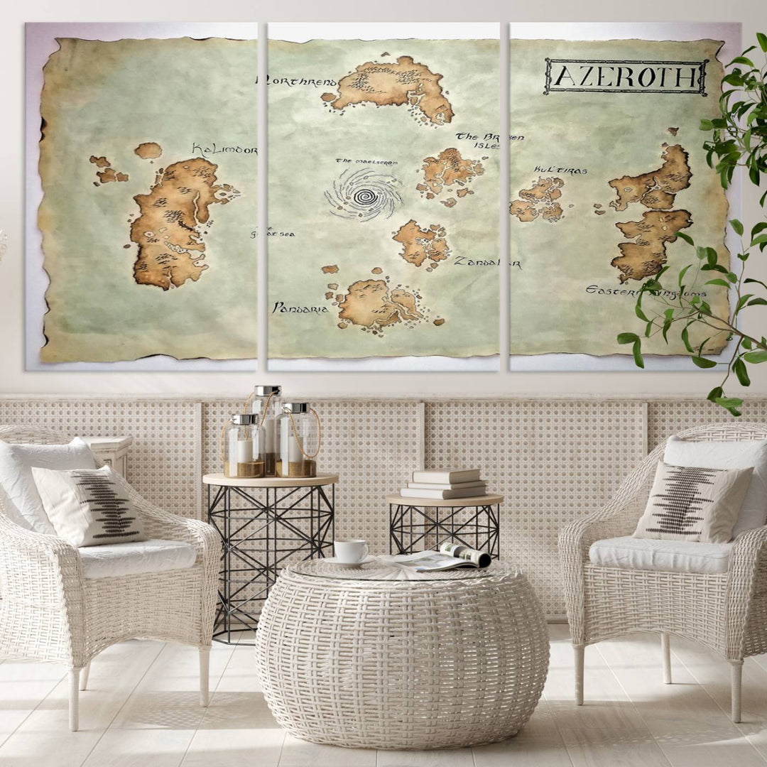 The Azeroth World Map Wall Art Canvas Print, a three-panel vintage piece, brings a cozy fantasy gaming atmosphere to the room.