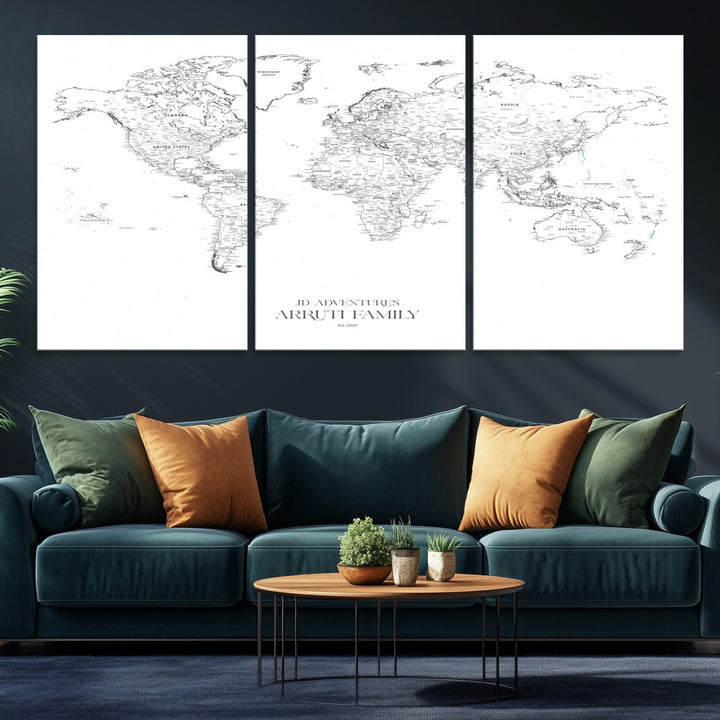 Personalized World Map Wall Art Canvas Print - Custom Push Pin Travel Map Canvas - Framed Map Print for Travel Lover Gift