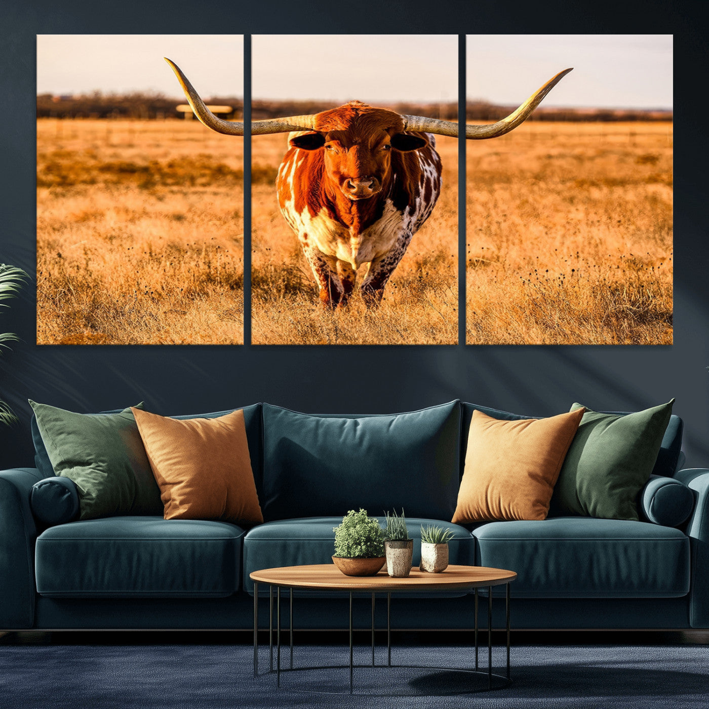 MGV-CV-60X30-3P - Longhorn Cow Wall Art | Ready to Hang Framed Canvas Print for Farmhouse and Barn Decor