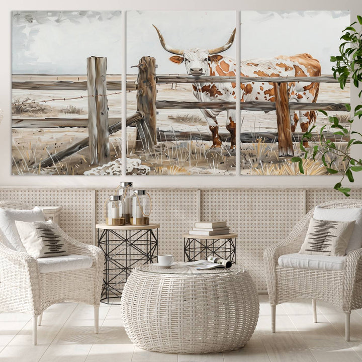 The Abstract Longhorn Cow Wall Art, a ready-to-hang framed canvas print, adds rustic charm and perfectly captures the essence of rural elegance.