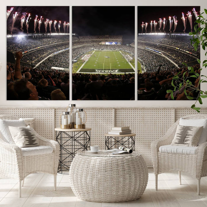 The living room features a spectacular Philadelphia Eagles Football Team Print. This wall art canvas print of Lincoln Financial Field at night captures a Philadelphia Eagles game under the dazzling brilliance of fireworks, making it an eye-catching centerpiece.