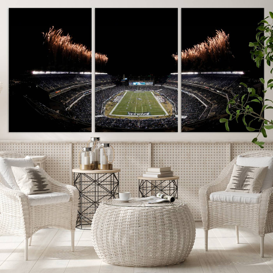 A stunning triptych wall art featuring the Philadelphia Eagles Football Team Print, capturing Lincoln Financial Field with spectacular fireworks.