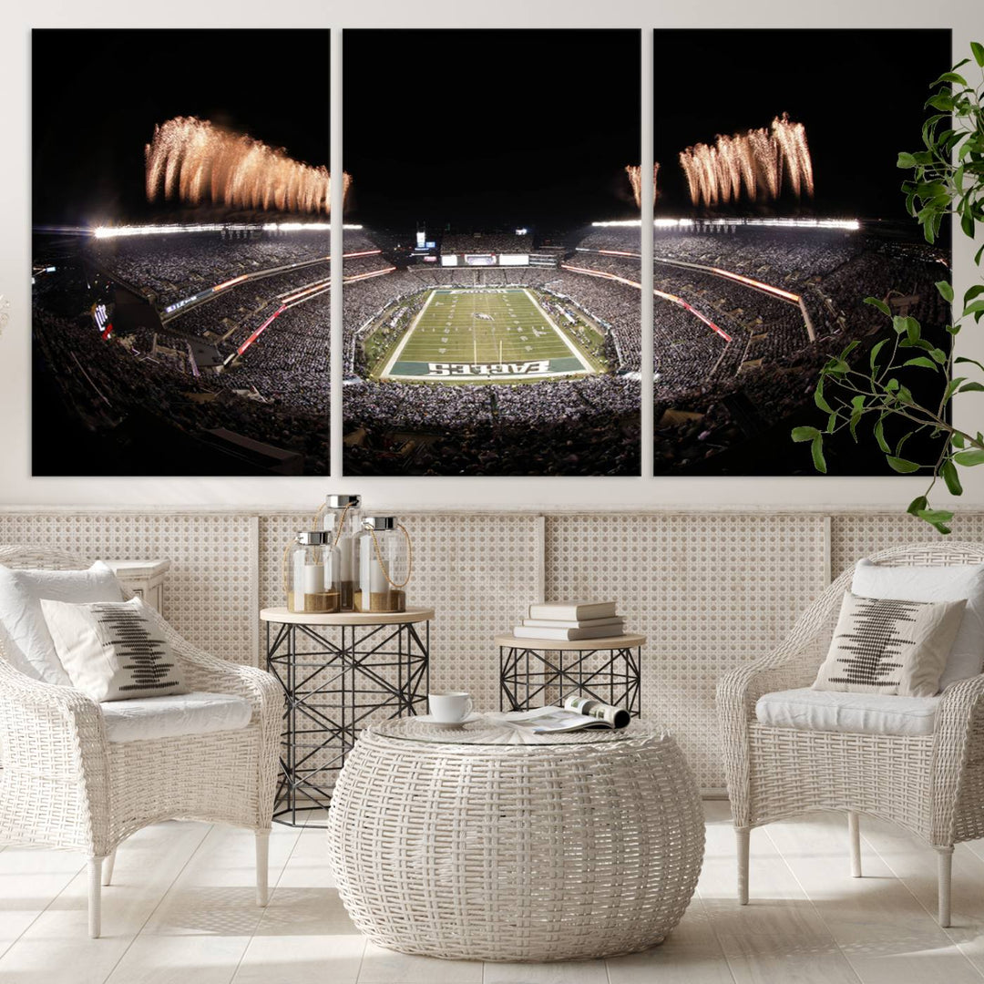 Experience the breathtaking Lincoln Financial Field Fireworks Game captured in this triple canvas wall art. A must-have for any Philadelphia Eagles fan!