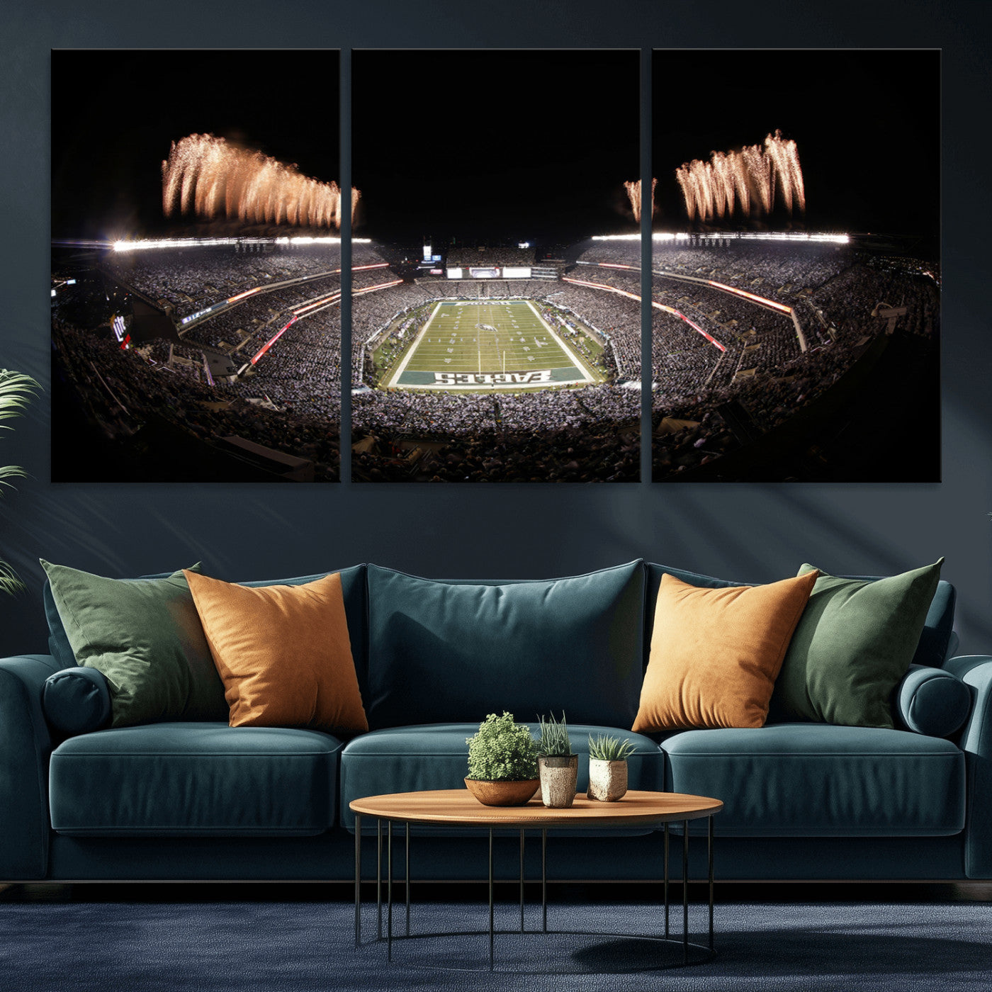 48893-MGV-CV-36X24-Eagles Field Stadium Wall Art - Lincoln Financial Field Fireworks Game Triple Canvas Wall Art -
