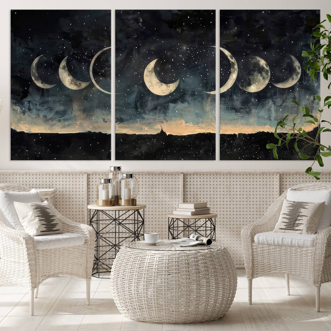 The "Phases of the Moon Wall Art," a framed canvas series capturing the celestial beauty of lunar cycles against a starry night, adds an elegant touch to the contemporary dining room.