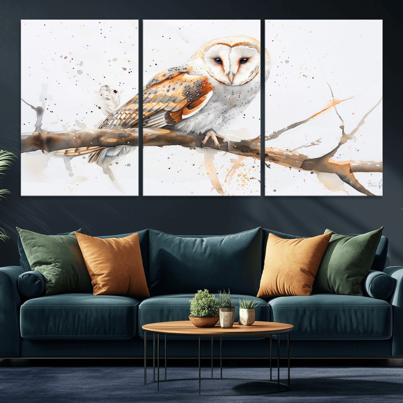 MGV-CV-60X30-3P - Barn Owl Wall Art on Branch | Stunning Canvas Print for Nature Lovers | Ready to Hang and Framed