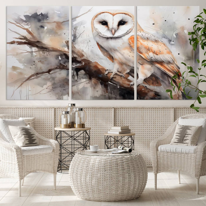 The Barn Owl Wall Art, a watercolor canvas print, elegantly adorns the wall in a modern living room, seamlessly merging farmhouse wall decor with contemporary style.