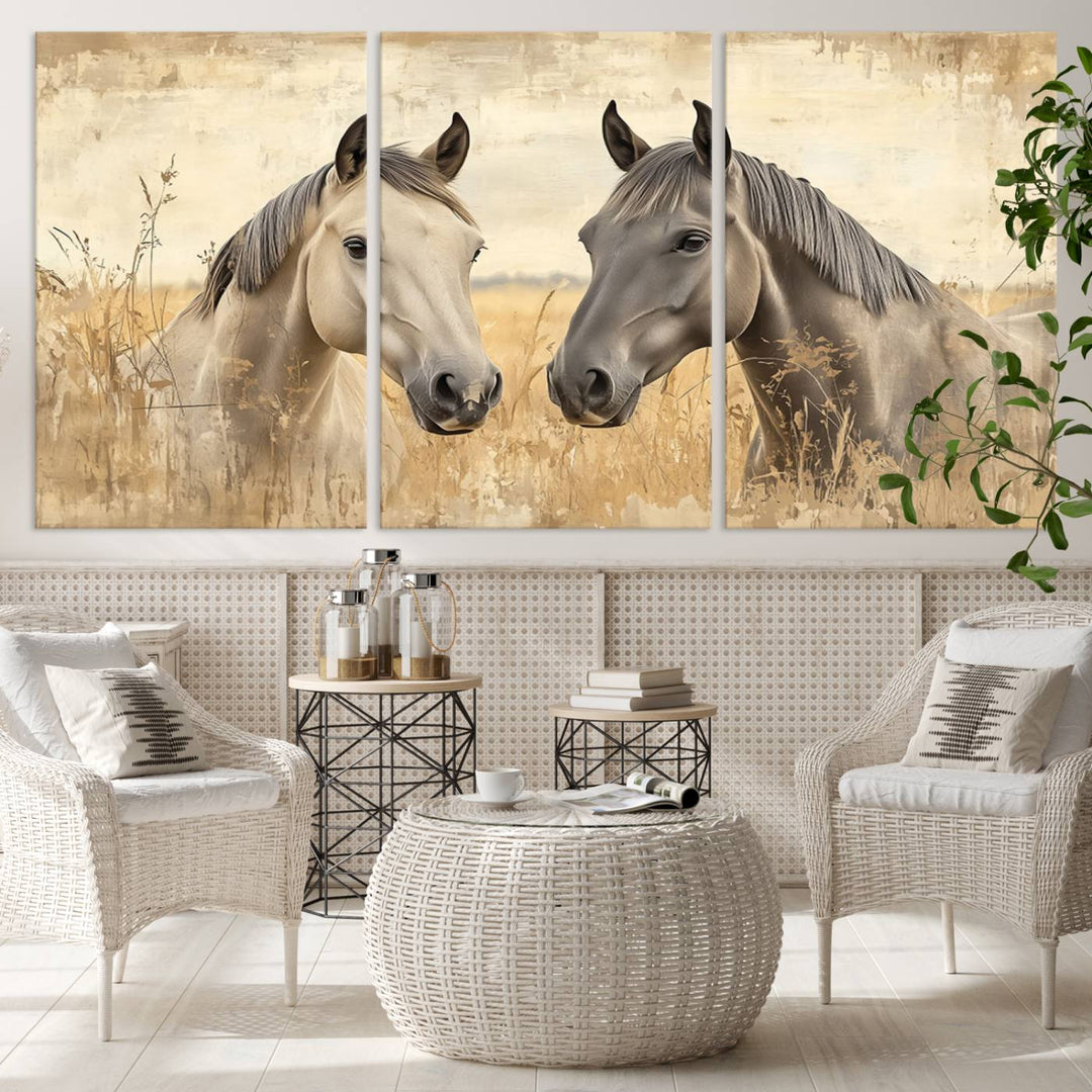 The "Chinese Ink Style Grunge Horses Wall Art Canvas Print," featuring two horses in a field, hangs prominently, highlighting its museum-quality canvas and high-resolution printing.