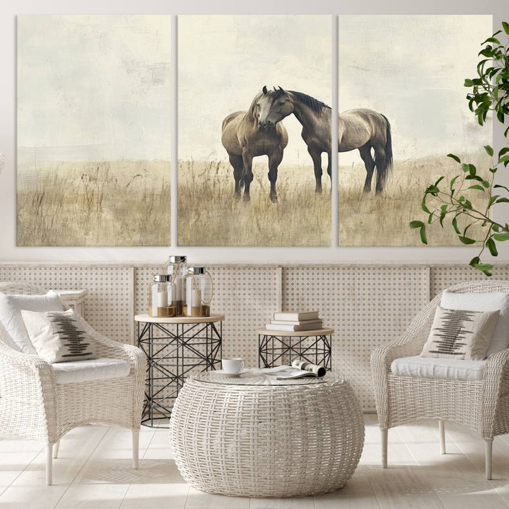 The Chinese Style Grunge Horses Wall Art Canvas Print, featuring a three-panel design of two horses in a misty field, is crafted on museum-quality canvas using high-resolution printing and hangs elegantly.