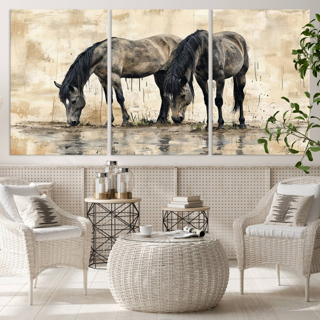 Chines Ink Style Black Horses Wall Art Canvas Print features a triptych painting of two horses drinking at the water's edge.