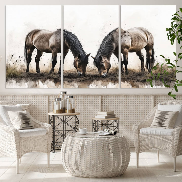 A Chinese Ink Style Horses Wall Art Canvas Print featuring two horses grazing is displayed in a modern setting.