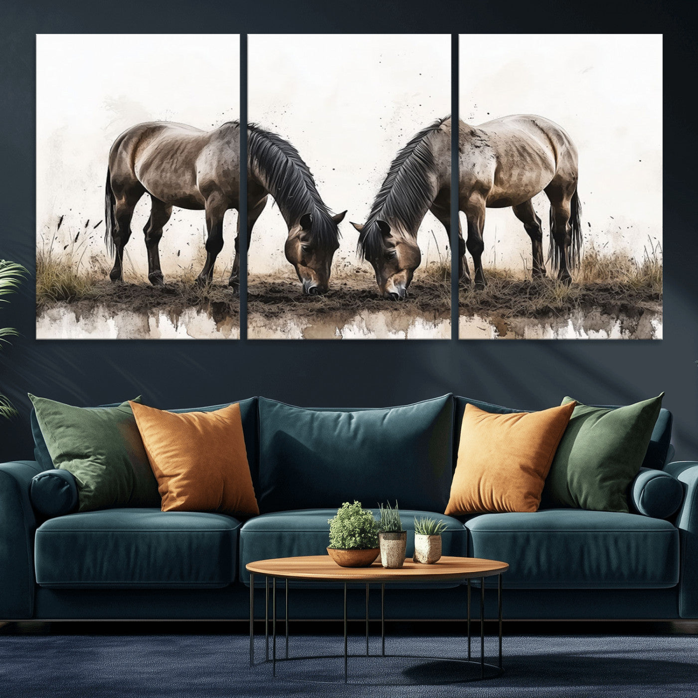 MGV-CV-60X30-3P - Chines Ink Style Horses Wall Art Canvas Print