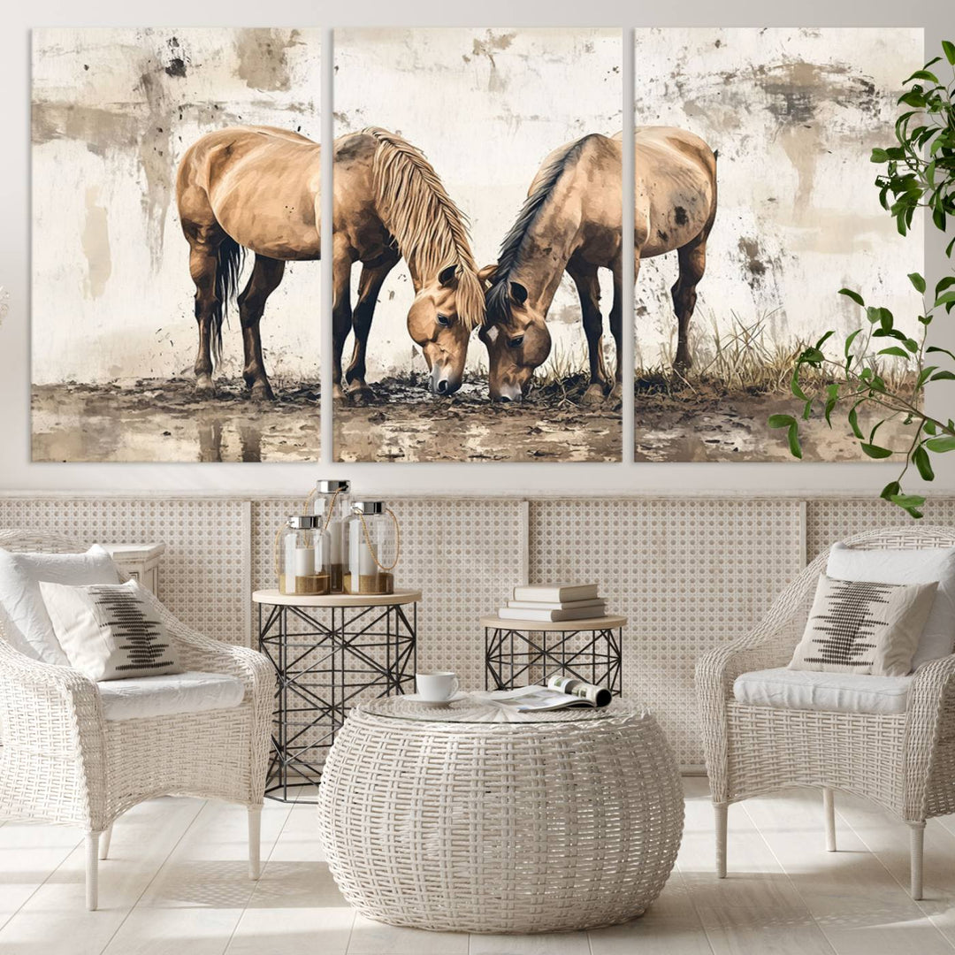 The Vintage Horses Wall Art, a ready-to-hang and framed triptych, beautifully captures two horses gracefully grazing. It perfectly complements the rustic charm of western farmhouse wall decor.