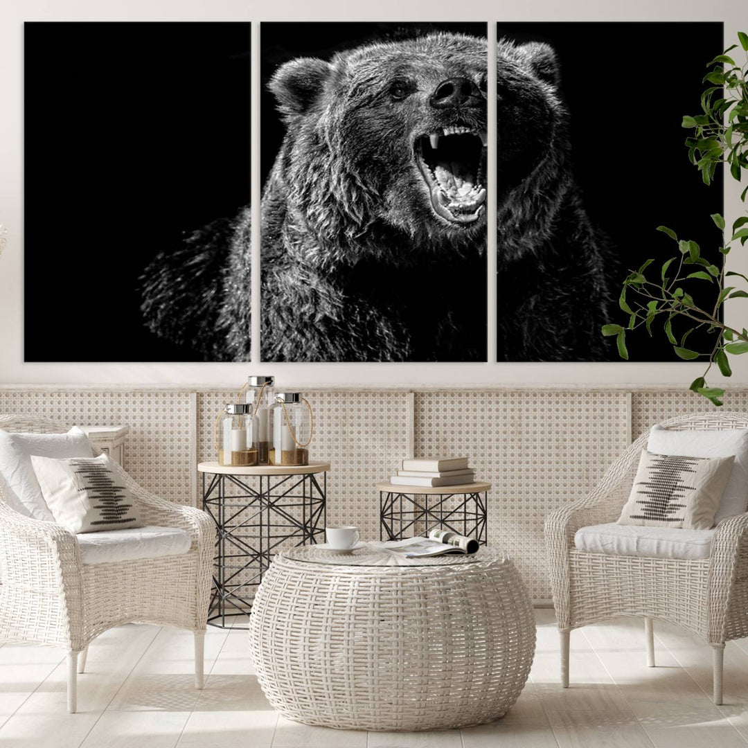 A striking Bear Canvas Print, perfect for cabin decor and ready to hang, is displayed in the modern living room, adding a touch of wildlife art to the sleek design.