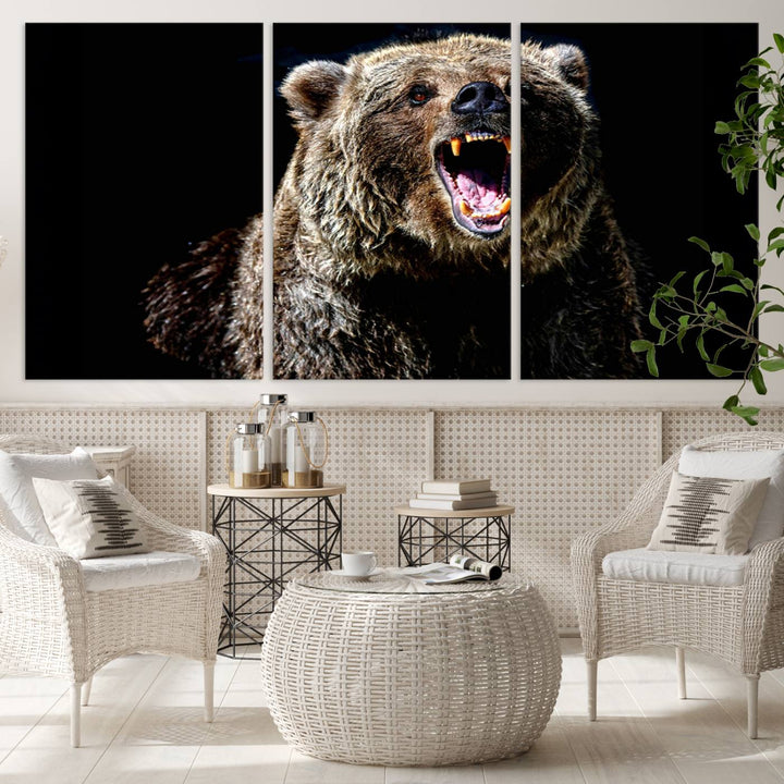 The Grizzly Bear Canvas Print, featuring wildlife wall art on a black background, is ready to hang and is perfect for rustic cabin decor.