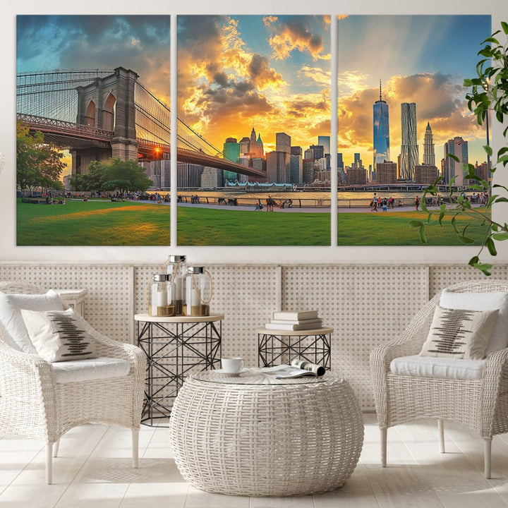 The "Brooklyn Bridge New York Skyline Wall Art" is a ready-to-hang framed canvas print that beautifully captures the cityscape at sunset, showcasing the iconic Brooklyn Bridge and majestic skyscrapers.