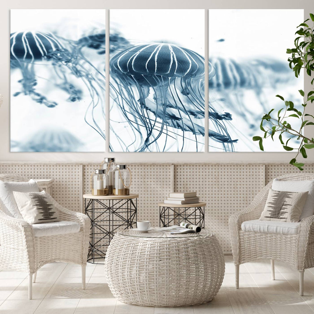 The Abstract Jellyfish Wall Art Canvas Print, a three-panel piece featuring high-resolution printing, hangs elegantly in the room, adding vibrant detail to the space.