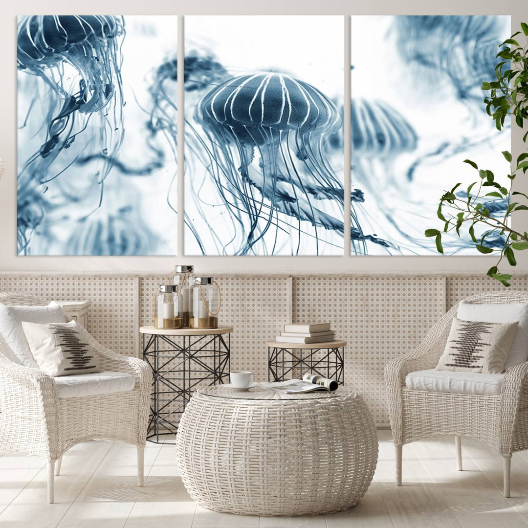 The "Abstract Jellyfish Wall Art Canvas Print" in high resolution is beautifully displayed as a triptych on a dark wall. Experience museum-quality canvas and enjoy free shipping with this stunning piece.