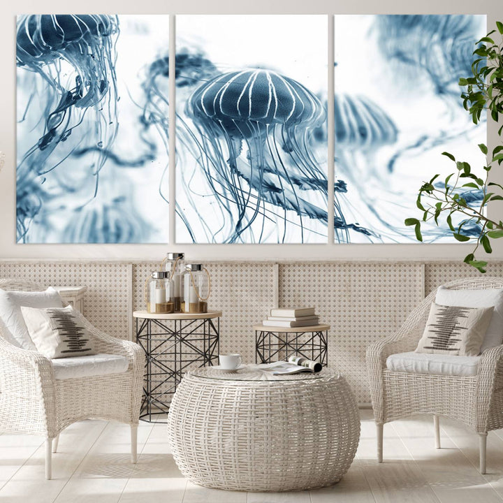 The "Abstract Jellyfish Wall Art Canvas Print" in high resolution is beautifully displayed as a triptych on a dark wall. Experience museum-quality canvas and enjoy free shipping with this stunning piece.