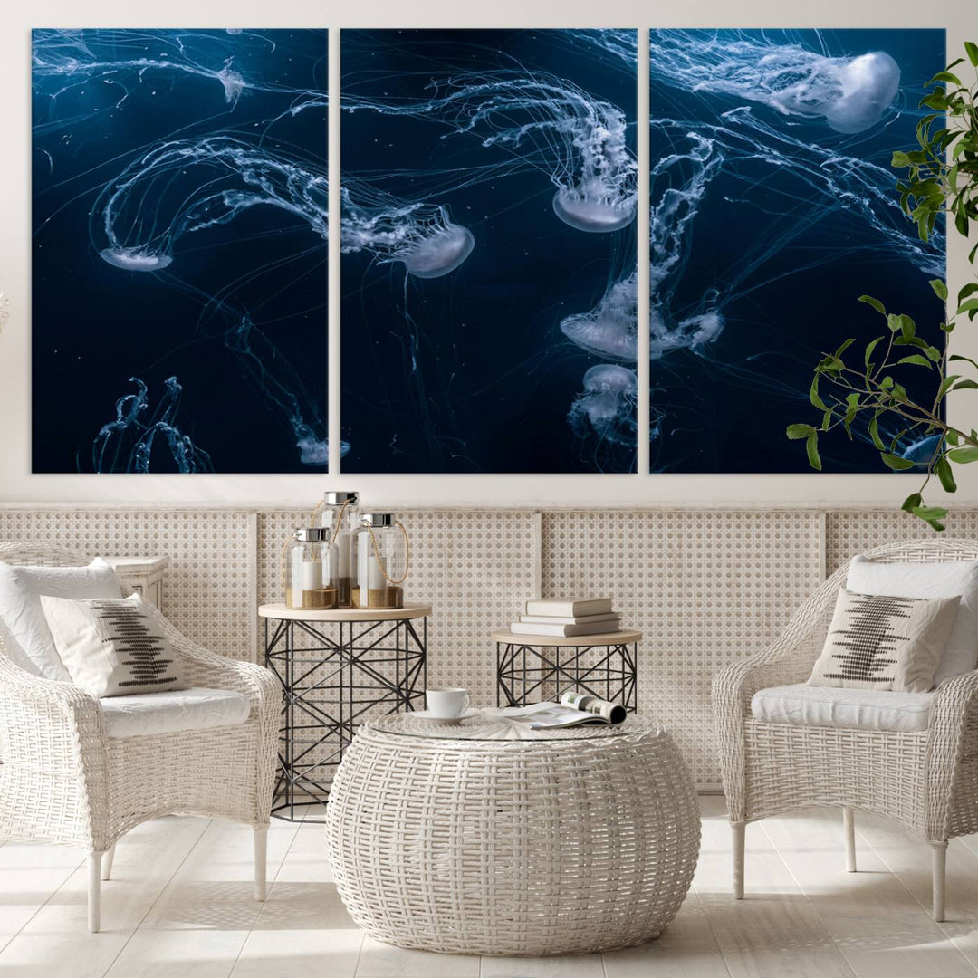 Room with modern decor, featuring the Abstract Jellyfish in Ocean Wall Art Canvas Print on museum-quality canvas.