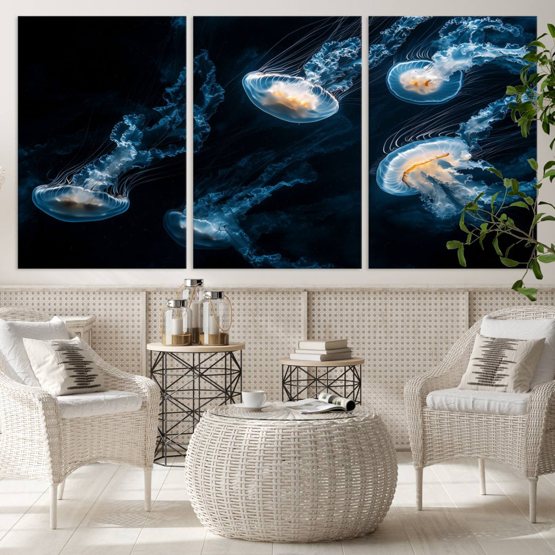 The "Jellyfish Wall Art Canvas Print," featuring a sea-themed design of glowing jellyfish, is displayed in high-resolution on museum-quality canvas.