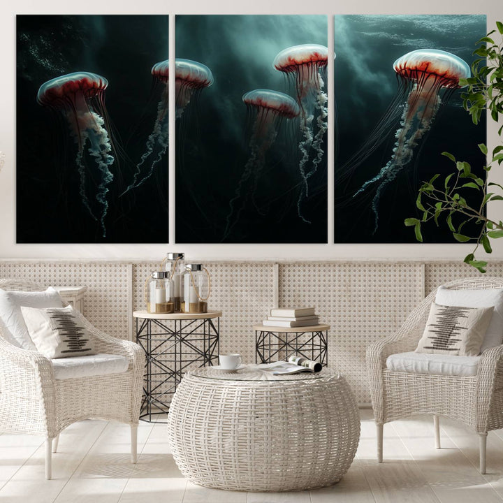 The Abstract Jellyfish Wall Art Canvas Print, framed in the USA and showcased on museum-quality canvas with high-resolution printing, adds a decorative touch to the space.