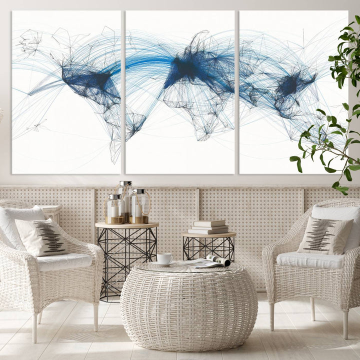 The Aviation Flight Map Wall Art is a set of three abstract panels featuring a world map with blue lines, resembling a flight map. Ideal for aviation enthusiasts, this ready-to-hang framed air traffic art print enhances the appeal of modern decor.