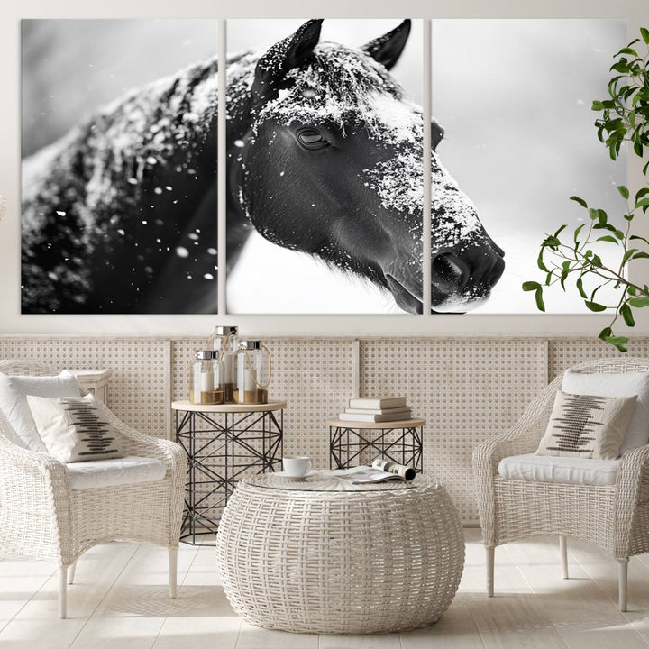 A set of Winter Horse Snow Wall Art Canvas Prints hangs, creating the perfect touch of Rustic Cabin Decor.