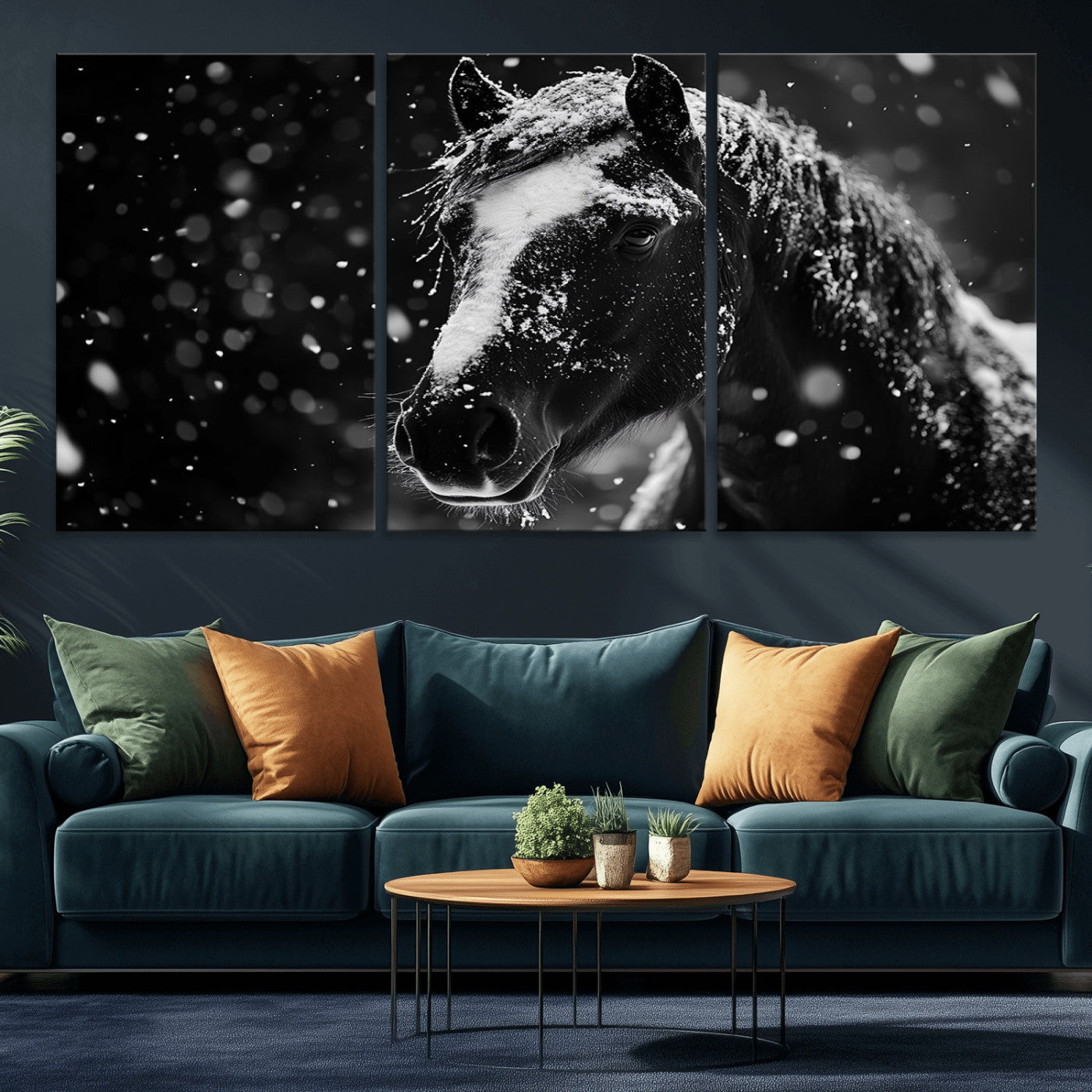 MGV-CV-60X30-3P - Winter Horse Wall Art | Black and White Horse Print | Ready to Hang and Framed | Farmhouse Wall Art
