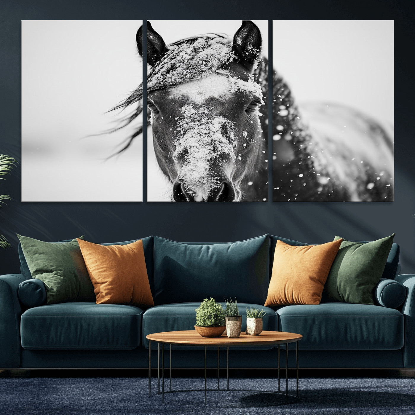 MGV-CV-60X30-3P - Western Wall Art | Black and White Winter Horse Wall Art | Ready to Hang and Framed | Farmhouse and