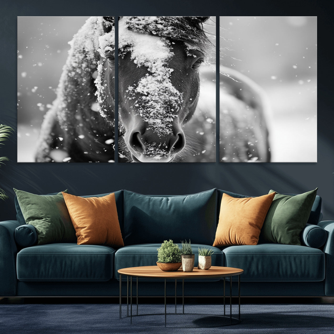 MGV-CV-60X30-3P - Black and White Horse Winter Wall Art | Ready to Hang and Framed | Farmhouse Wall Decor | Western