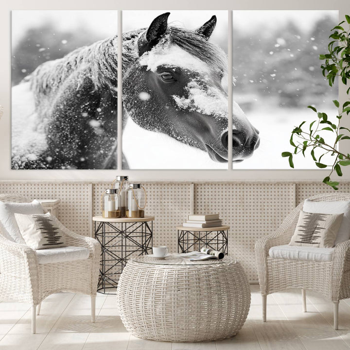 The Black Horse Winter Wall Art, framed and ready to hang, is beautifully displayed as farmhouse and western wall decor.