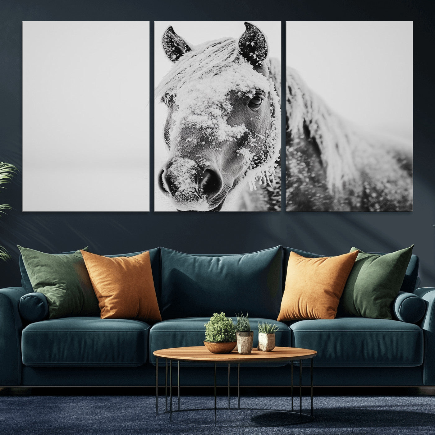 MGV-CV-60X30-3P - White Horse Wall Art | Ready to Hang and Framed | Winter Horse Wall Art Print for Farmhouse and