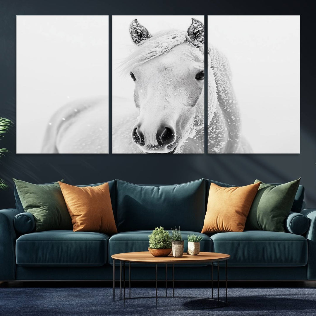 The dining room features the Majestic White Horse Wall Art, adding to its rustic charm.