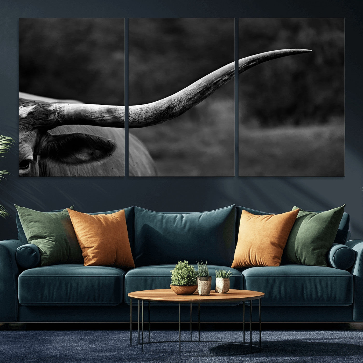 MGV-CV-60X30-3P - Cow Longhorn Wall Art | Black and White Print | Ready to Hang and Framed | Farmhouse Wall Decor |