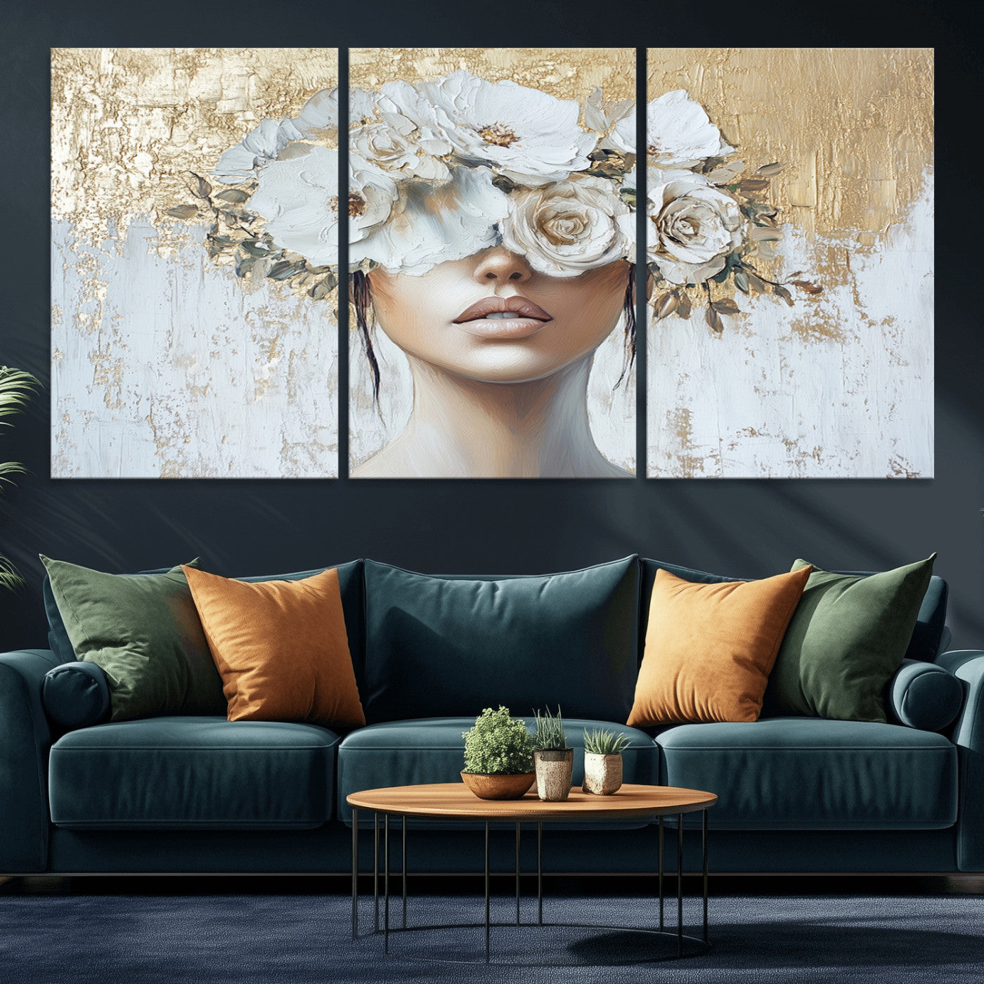 MGV-CV-60X30-3P - Golden Petal Wall Art - Canvas Print Flower Head Woman Painting Floral Woman Portrait Wall Decor,