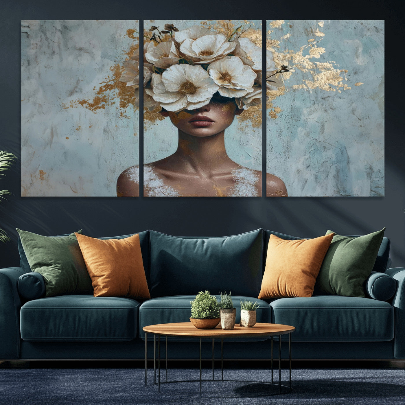 MGV-CV-60X30-3P - Golden Petal Wall Art - Petal Silhouette Woman Wall Art Canvas Print | Large 3-Panel Canvas with