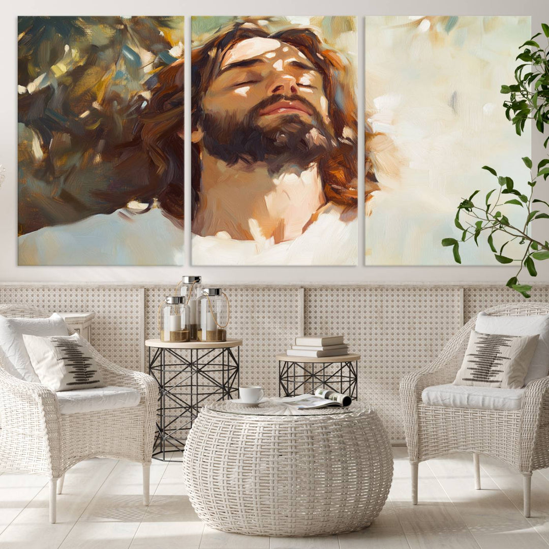 The Jesus Portrait Wall Art Canvas Print features a depiction of Jesus Christ with closed eyes, basking in sunlight. His expression exudes a peaceful, spiritual atmosphere against a blurred background.