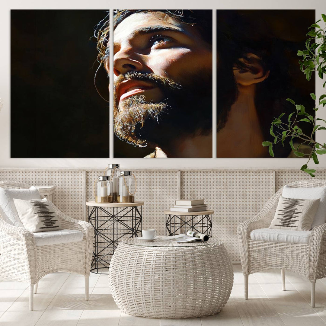 The Jesus Portrait Wall Art Canvas Print features a thoughtful depiction of Jesus Christ in an oil painting style, adding an inspirational religious touch to the decor.