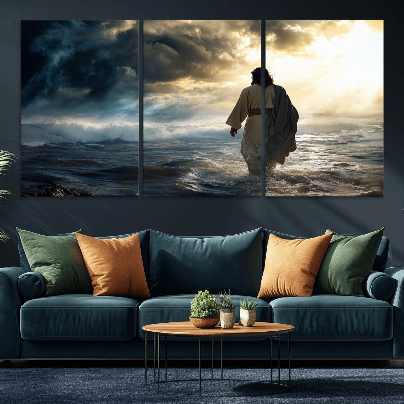 MGV-CV-60X30-3P - Jesus Walking on Water Wall Art | Canvas Print | Ready to Hang | Christian Home Decor | Spiritual