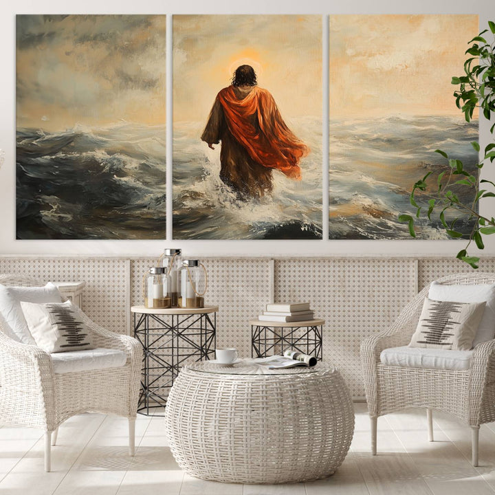 This triptych wall art, titled "Jesus Walking on Water," presents a figure in a red cloak crossing turbulent seas. It is perfect for those looking for religious home decor with a contemporary flair.