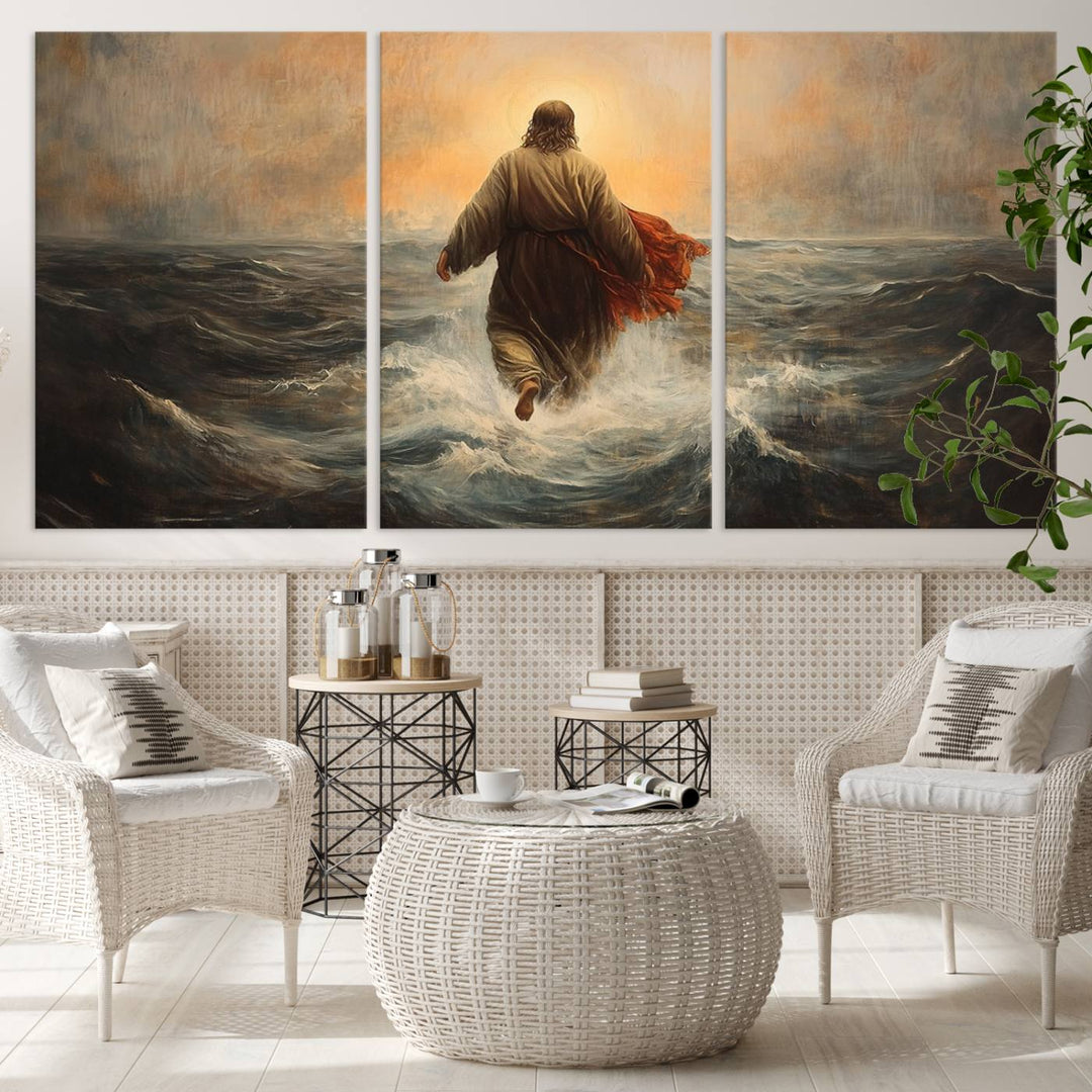 A modern living room is adorned with a triptych titled "Jesus Walking on Water, Christian Wall Art, Jesus Christ Walking on Oil Painting Style Print." The artwork, presented on museum-quality canvas, showcases vibrant colors and exquisite detail.