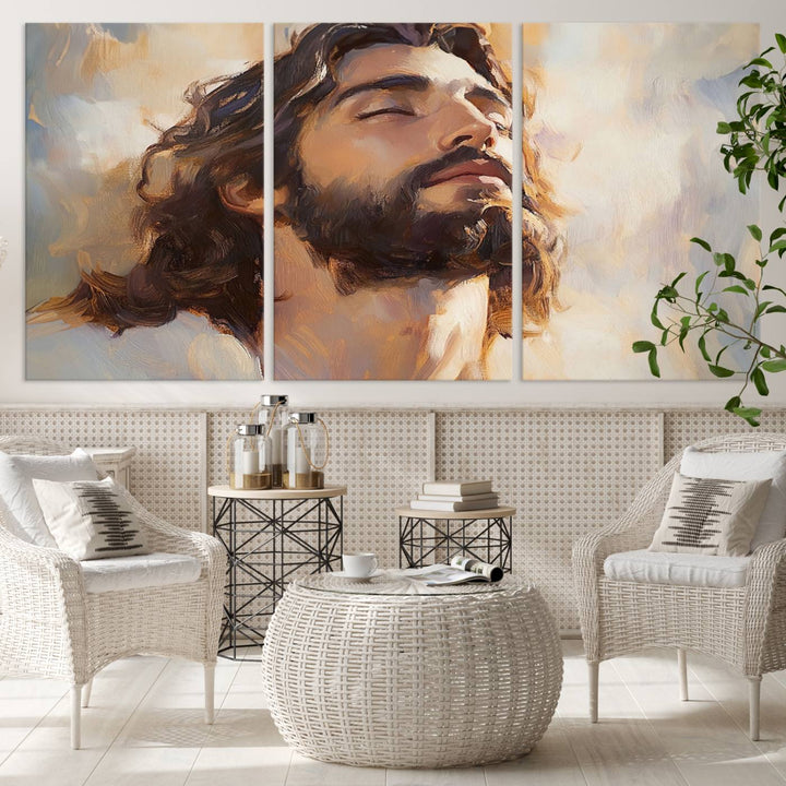 This museum-quality canvas print, titled "Jesus Portrait," features an oil painting style depiction of Jesus Christ with a closed-eyed expression. The high-resolution printing captures every detail beautifully.