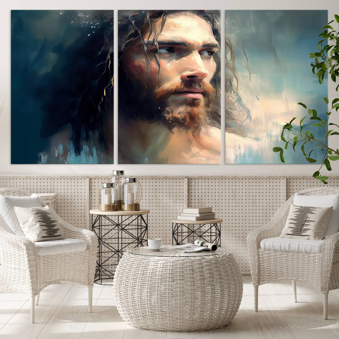 The Jesus Portrait Wall Art Canvas Print, featuring a depiction of a man with long hair and a beard, is showcased on a wooden wall. This Christian Wall Art is rendered on museum-quality canvas, highlighting the mastery of high-resolution printing in an oil painting style.